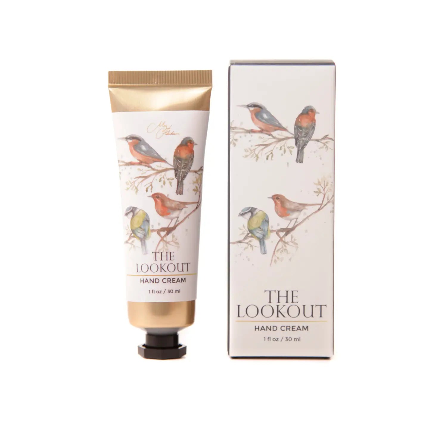 British Birds Design Hand Cream with bird illustrations, lemongrass, and bergamot scent, 30ml tube and box.