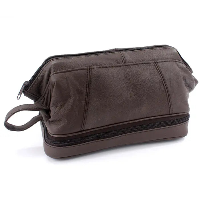 Men's luxury brown leather Gladstone-style washbag with zip compartments.