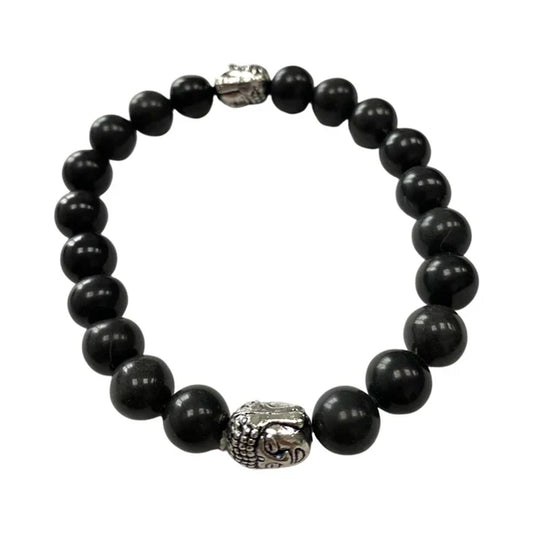Buddha Black Agate gemstone bracelet with 8mm beads and Buddha charm.