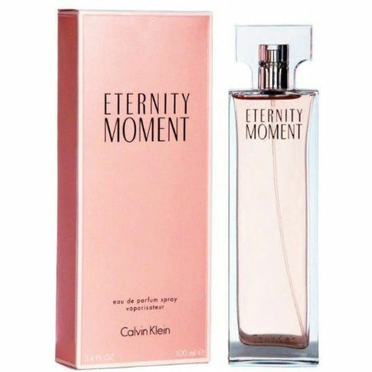 Calvin Klein Eternity Moment 100ml EDP blends fruity lychee and raspberry with floral freesia and white rose for a fresh, romantic, and elegant scent.