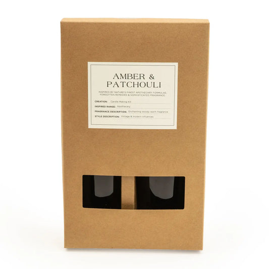 Candle Making Gift Set with Amber and Patchouli fragrance in a brown box.