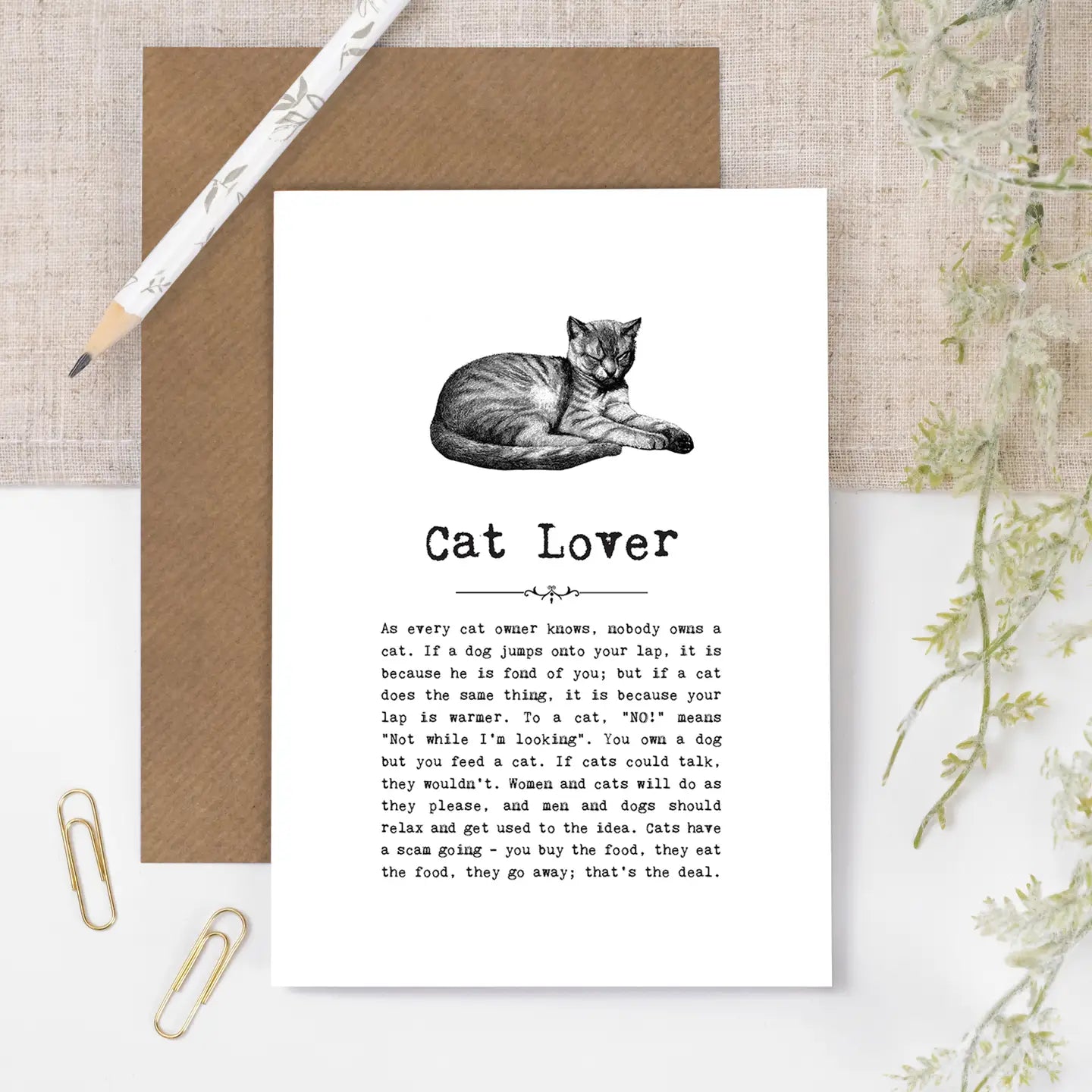 Cat Lover Card with vintage cat illustration and heartwarming quotes, perfect for birthdays or any occasion.
