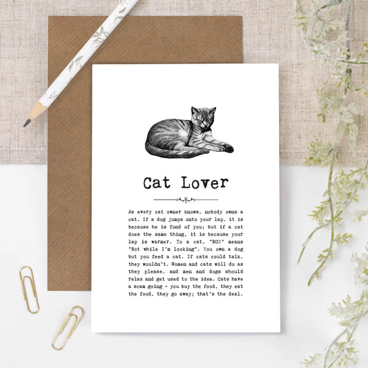 Cat Lover Card with vintage cat illustration and heartwarming quotes, perfect for birthdays or any occasion.