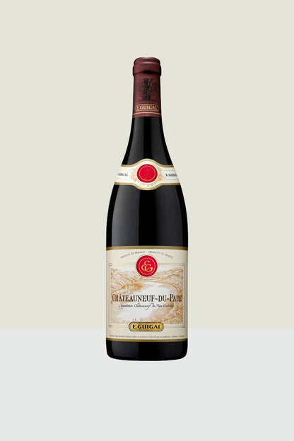 Châteauneuf-du-Pape wine bottle with rich black fruit, spice, and leather notes.