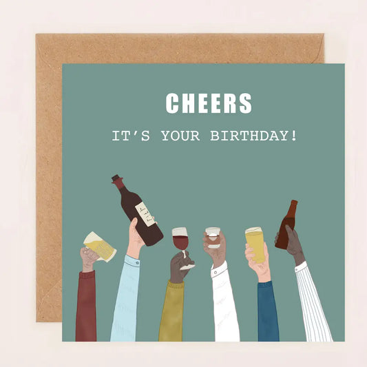Apple & Clover men's birthday card featuring a contemporary "Cheers" design with coordinating envelope.