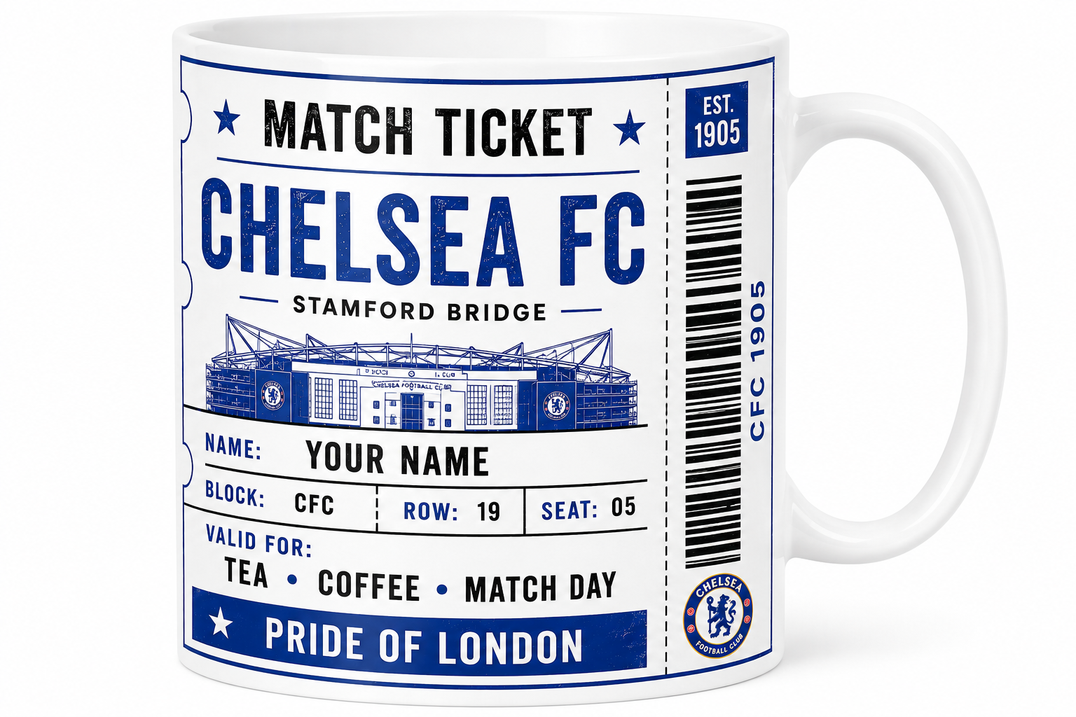 Mug with Chelsea FC design featuring a stadium and ticket-like label.