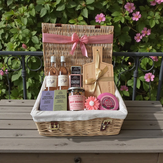 Chicken wine and gourmet snacks hamper, with rose wine, cheese, nuts and more