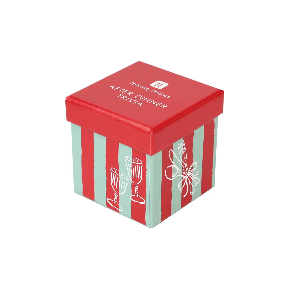 Talking Tables Christmas After Dinner Trivia game in a festive red and green striped box.