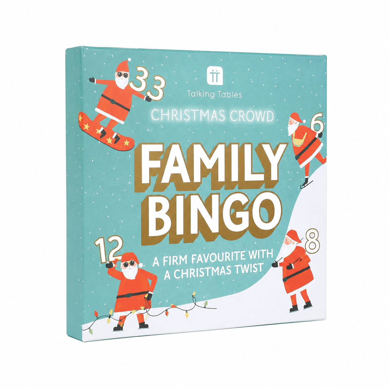Talking Tables Christmas Family Bingo game in festive turquoise box with illustrated Santas.