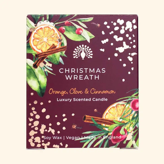 English Soap Company Christmas Wreath Scented Candle with cinnamon and orange fragrance