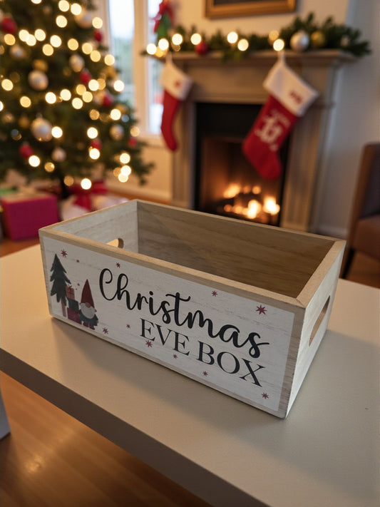 Wooden Christmas Eve gift box, ideal for holding festive treats and presents, reusable holiday keepsake.