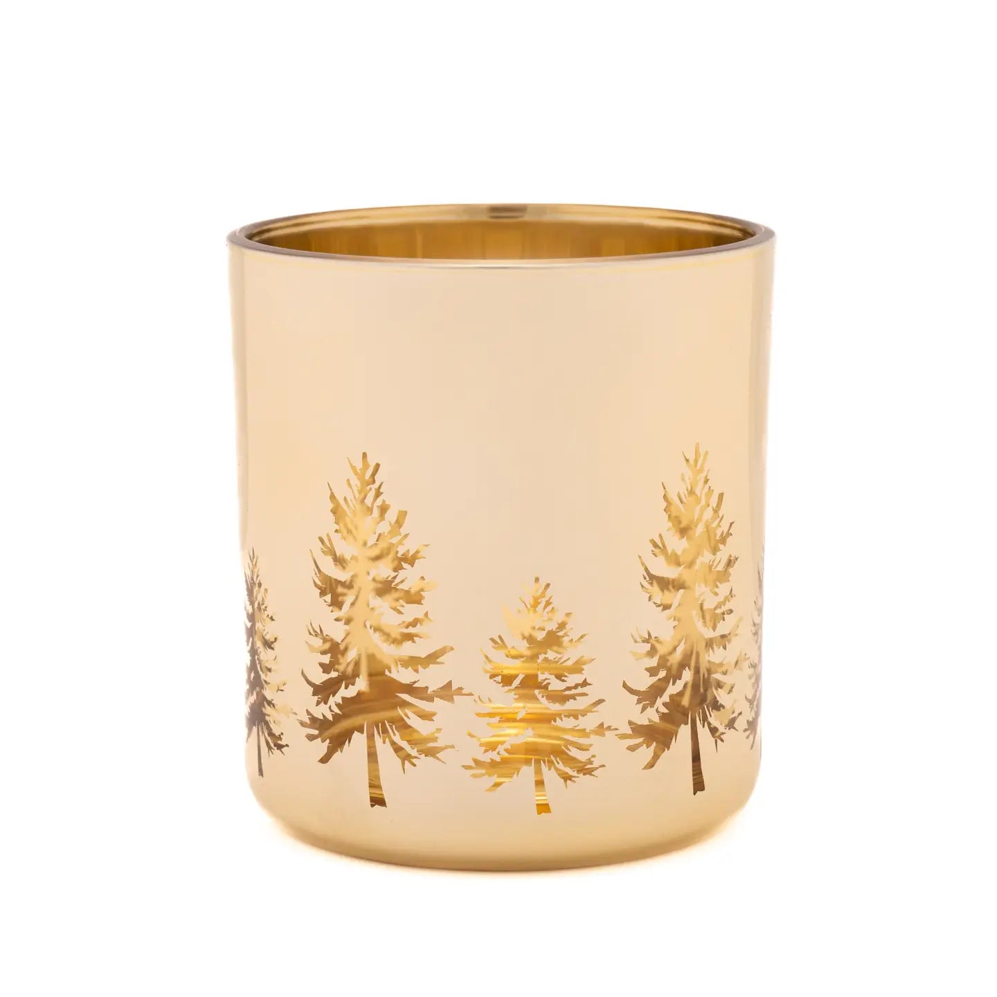 Glass jar with delicate Christmas tree cut-outs that glow when lit, ideal for festive décor or creating holiday-themed candles.