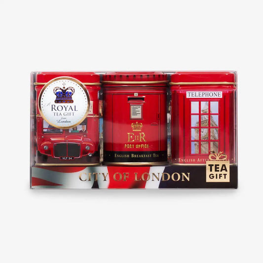 Tea gift set with London-themed packaging on a white background