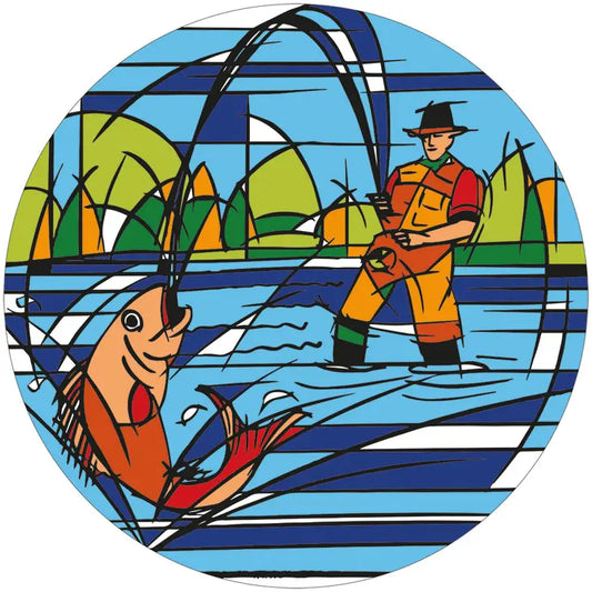 Bright and colorful fishing lovers drink coaster with fisherman illustration.