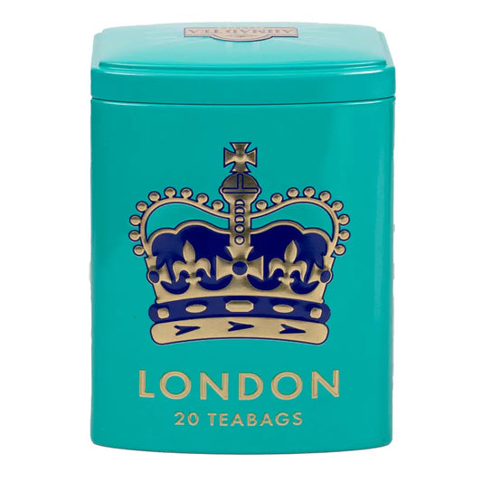 Colourful London caddy with 20 English tea bags – vibrant collectible tin with a classic British design.