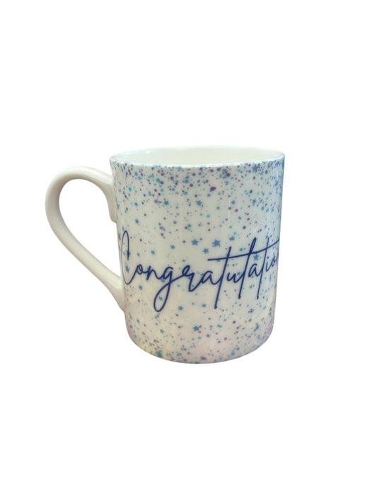 Congratulations China Mug with speckled design and elegant lettering.