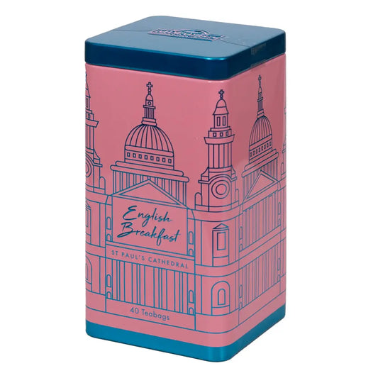 Tea tin with St. Paul's Cathedral design on a pink background
