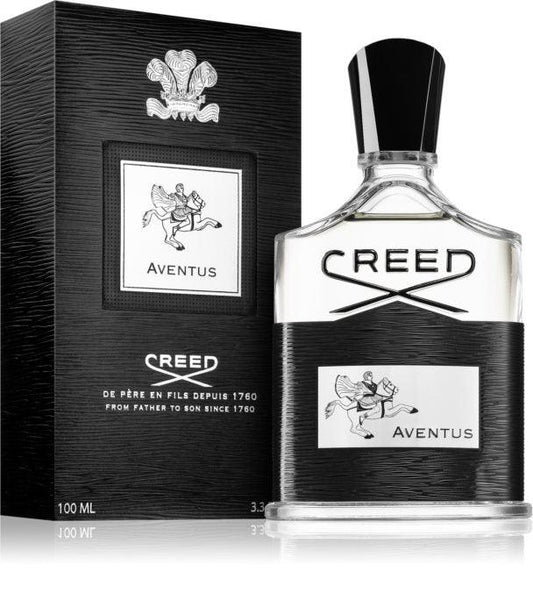 Creed Aventus: fresh bergamot, pineapple, smoky birch & musk create a bold, confident scent.