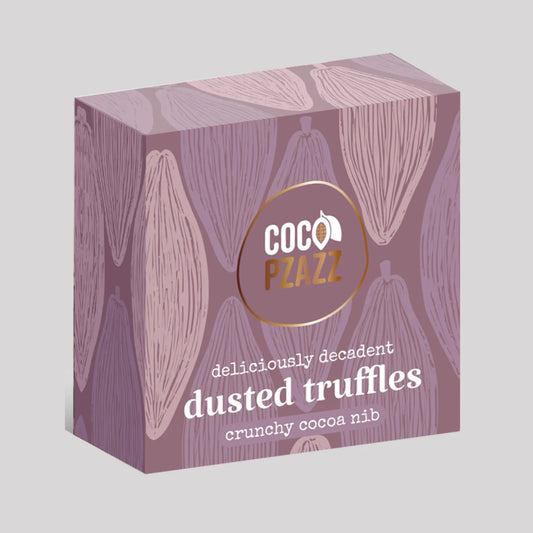 Crunchy Cocoa Nib Dusted Truffles packaging.