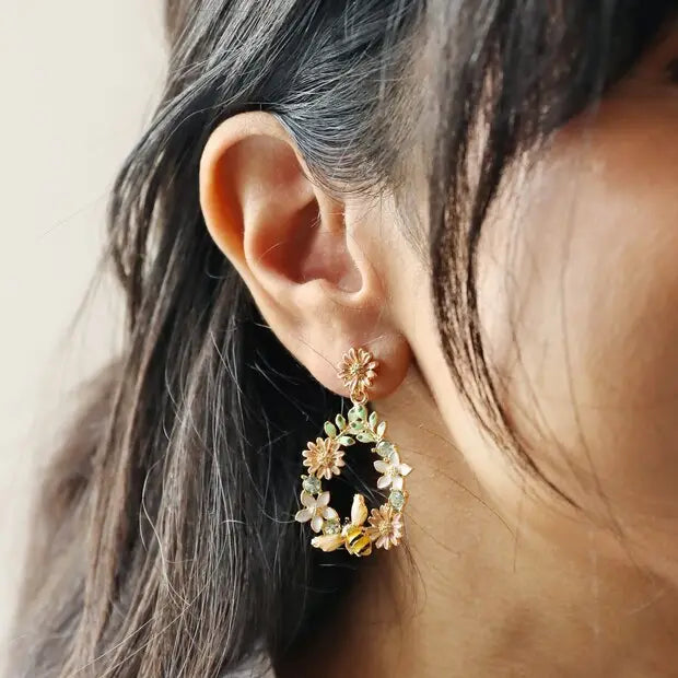 Crystal Flower and Enamel Bee Drop Gold Plated Earrings