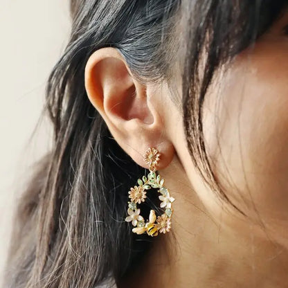 Crystal Flower and Enamel Bee Drop Gold Plated Earrings
