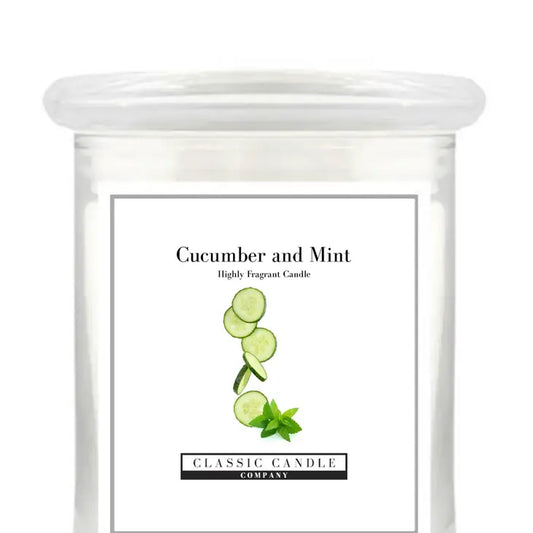 Soothing & Uplifting Cucumber and Mint Medium Jar Candle with reusable glass container for a refreshing atmosphere.