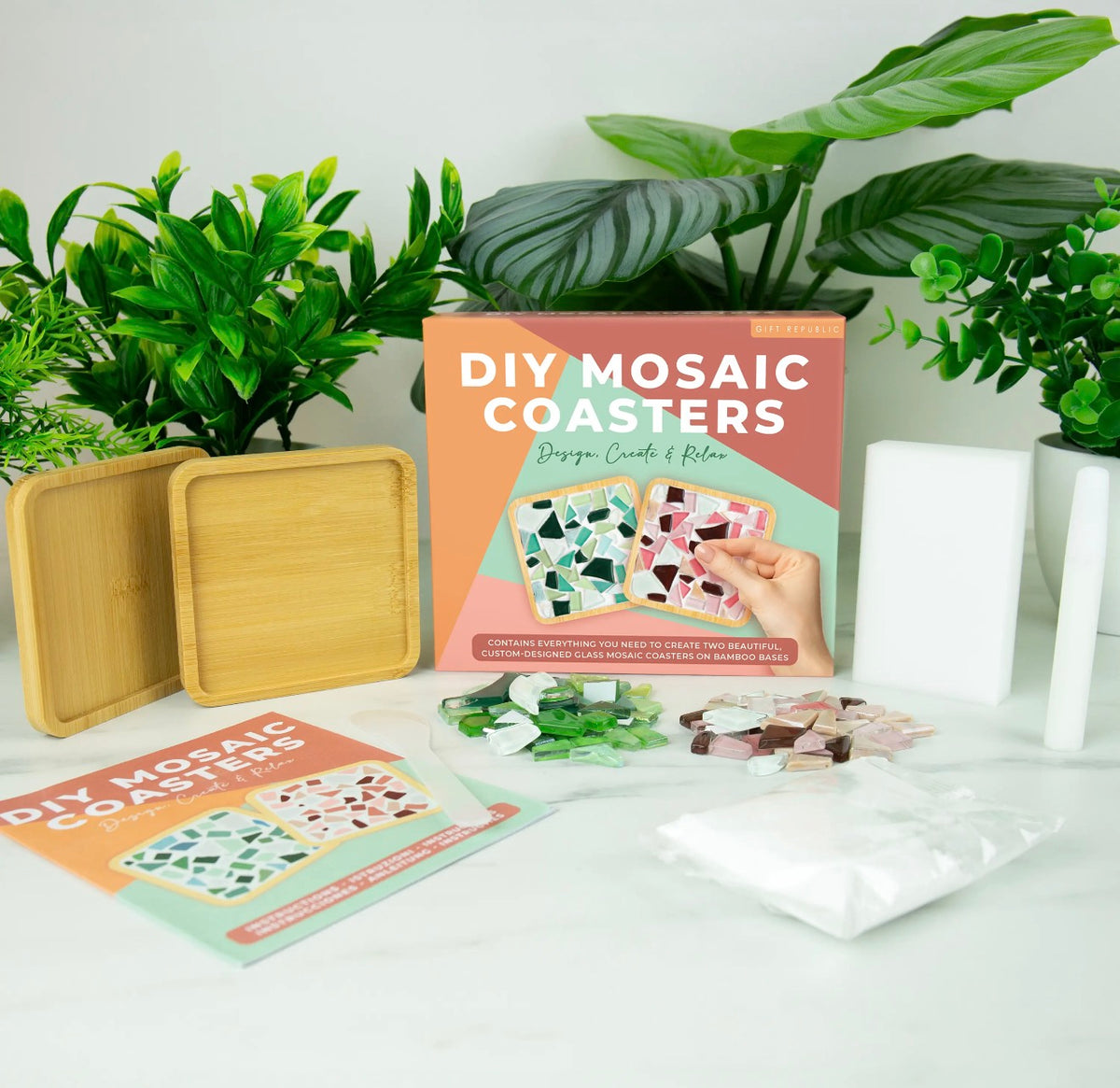 Make two glass mosaic coasters with this DIY Mosaic Coaster kit. A relaxing, creative gift for birthdays, housewarmings and crafty friends.
