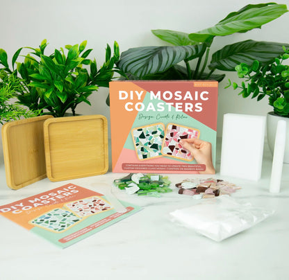 Make two glass mosaic coasters with this DIY Mosaic Coaster kit. A relaxing, creative gift for birthdays, housewarmings and crafty friends.
