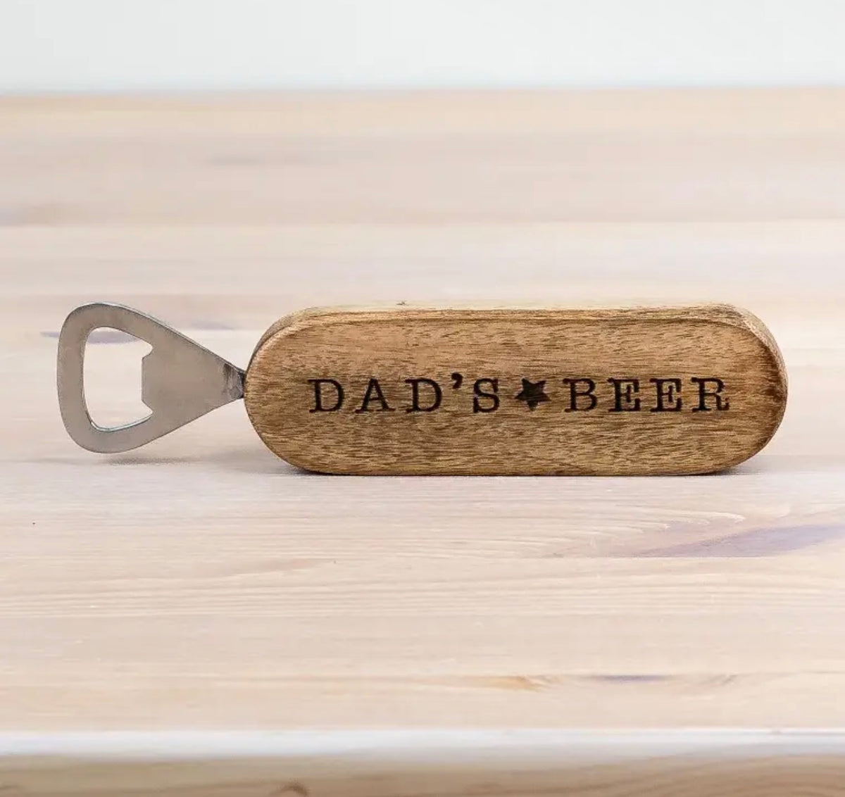 Dad’s Beer Wooden Bottle Opener, engraved and practical. A fun gift for beer loving dads, or added to any hamper.