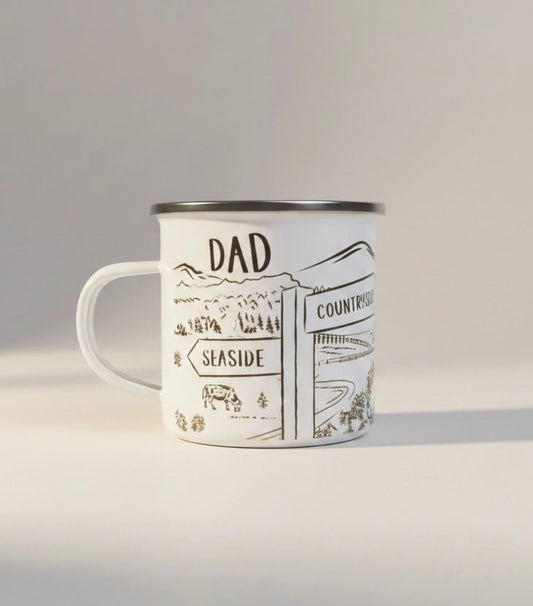 Enamel-style Dad mug with illustrated countryside and seaside scene and signposts to favourite destinations.