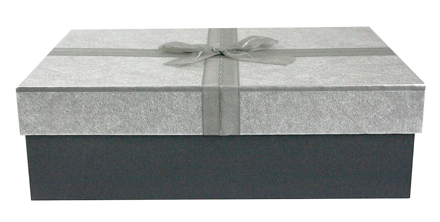 Dark grey gift box with sleek silver lid and fabric bow ribbon.