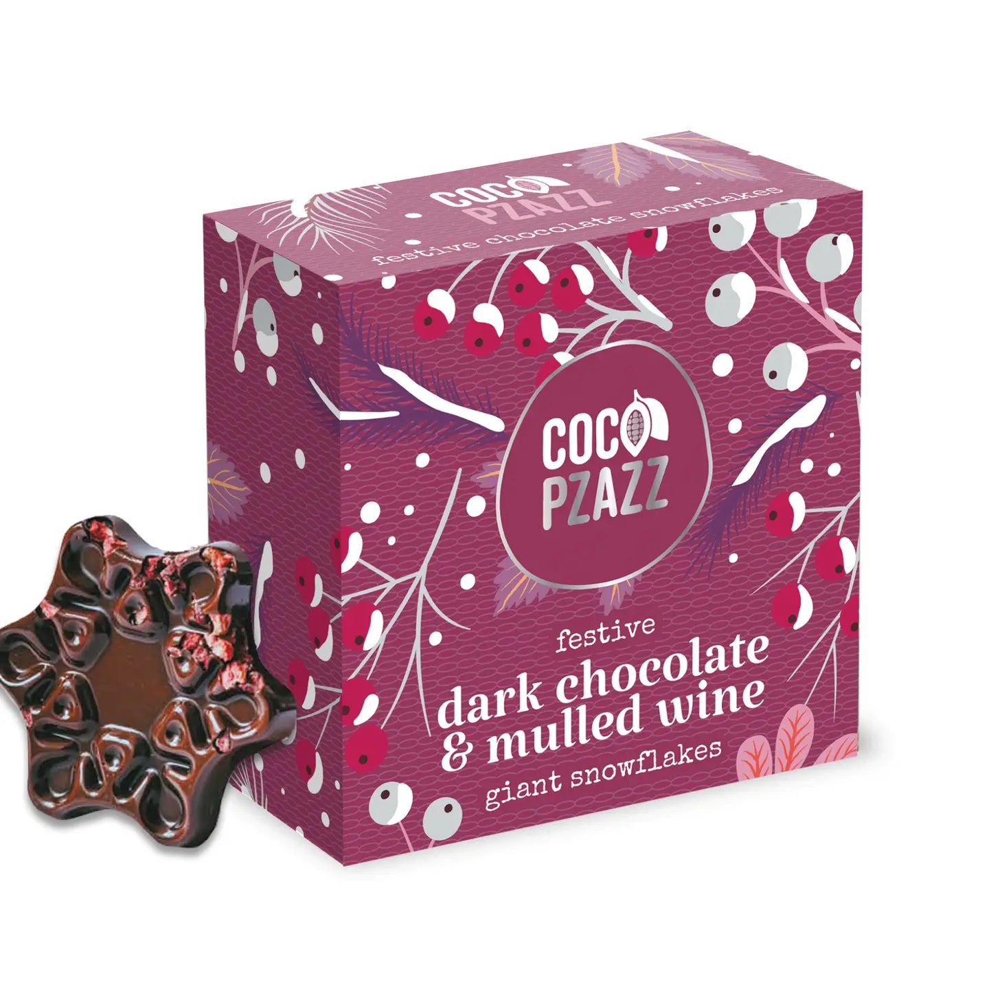 Dark Chocolate & Mulled Wine Choc Snowflakes with rich cocoa and spiced mulled wine flavour, festive snowflake-shaped treats perfect for Christmas.