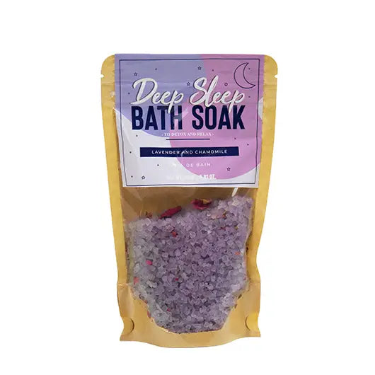 Deep Sleep Bath Soak with chamomile and lavender salts for relaxation and better sleep, 250g package.