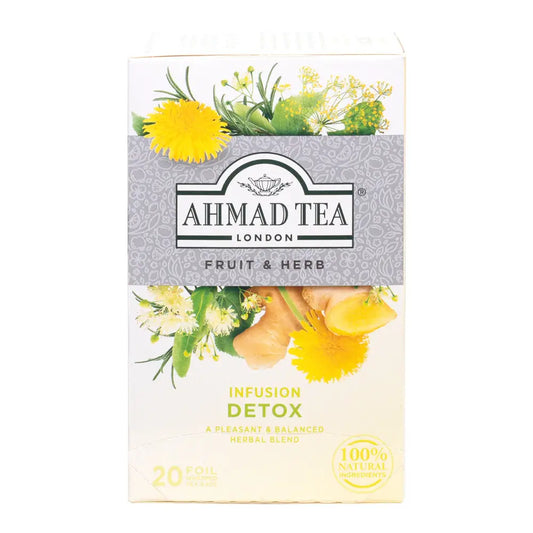 Detox Fruit and Herb Infused Tea box with natural herbal blend and floral design.