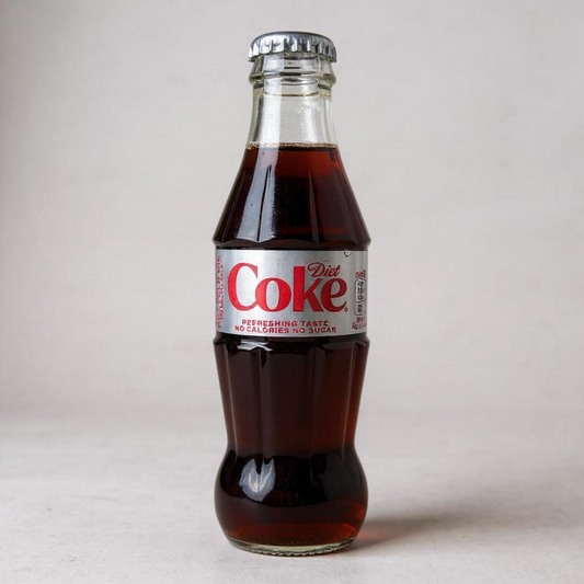 200ml glass bottle of Diet Coke with iconic branding, perfect for low-calorie refreshment on the go.