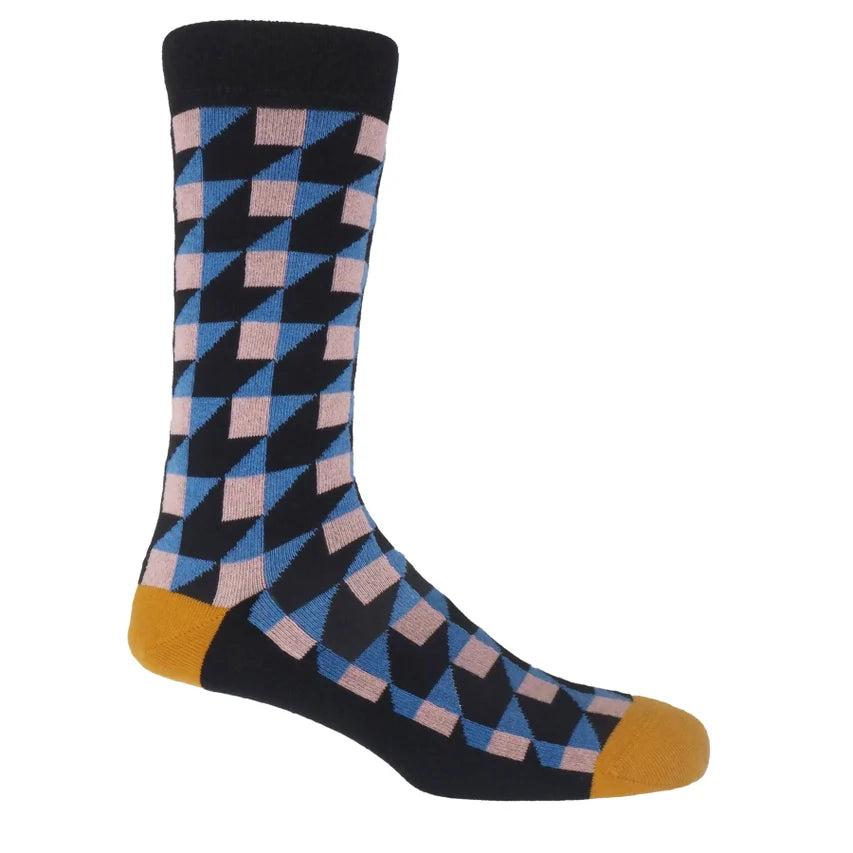 Stylish men's recycled cotton black patterned socks with geometric design.