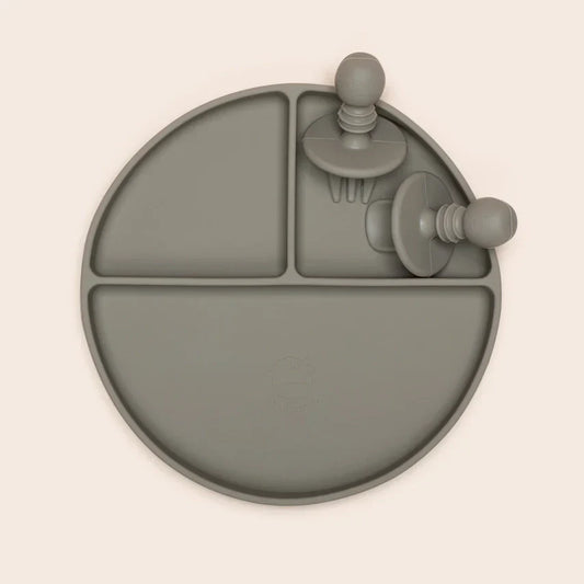 Silicone olive baby feeding suction plate with cutlery set.