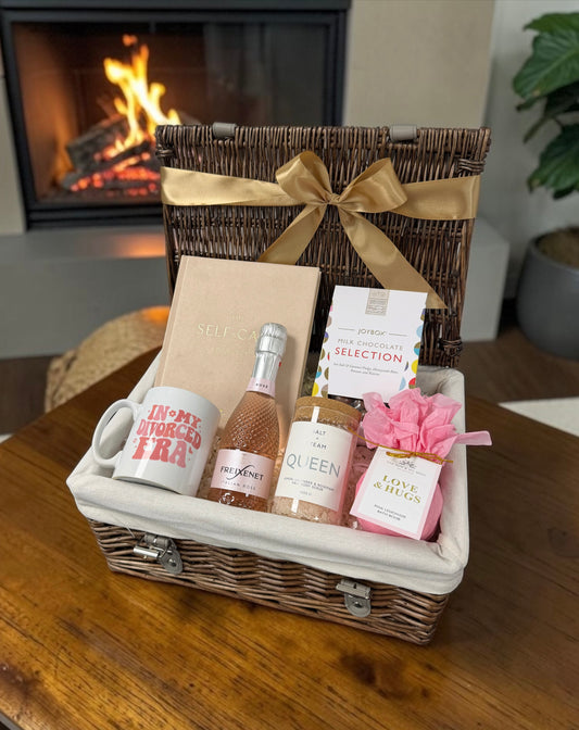 Divorced era gift hamper with mug, prosecco and self care items  