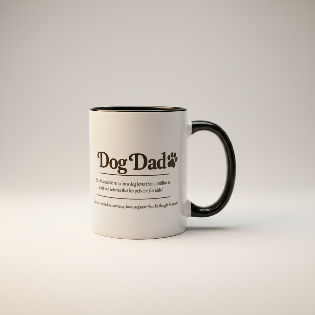 White mug with black handle featuring 'Dog Dad' text on a light gray background