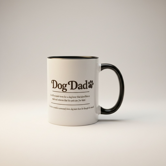 White mug with black handle featuring 'Dog Dad' text on a light gray background