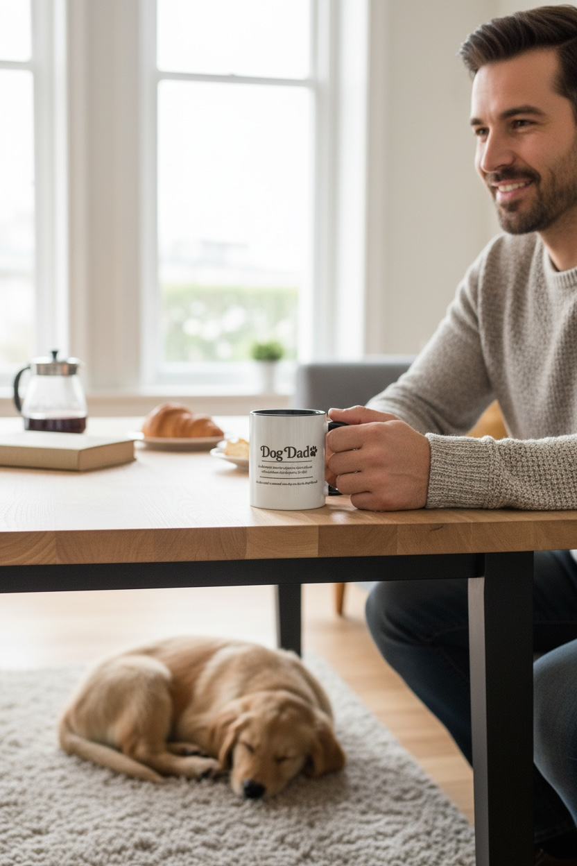 Man sitting at a table with a mug, a dog lying on the floor in front of him.