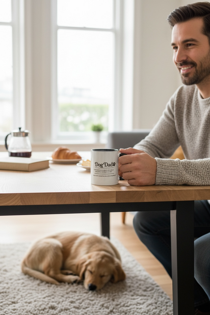 Man sitting at a table with a mug, a dog lying on the floor in front of him.