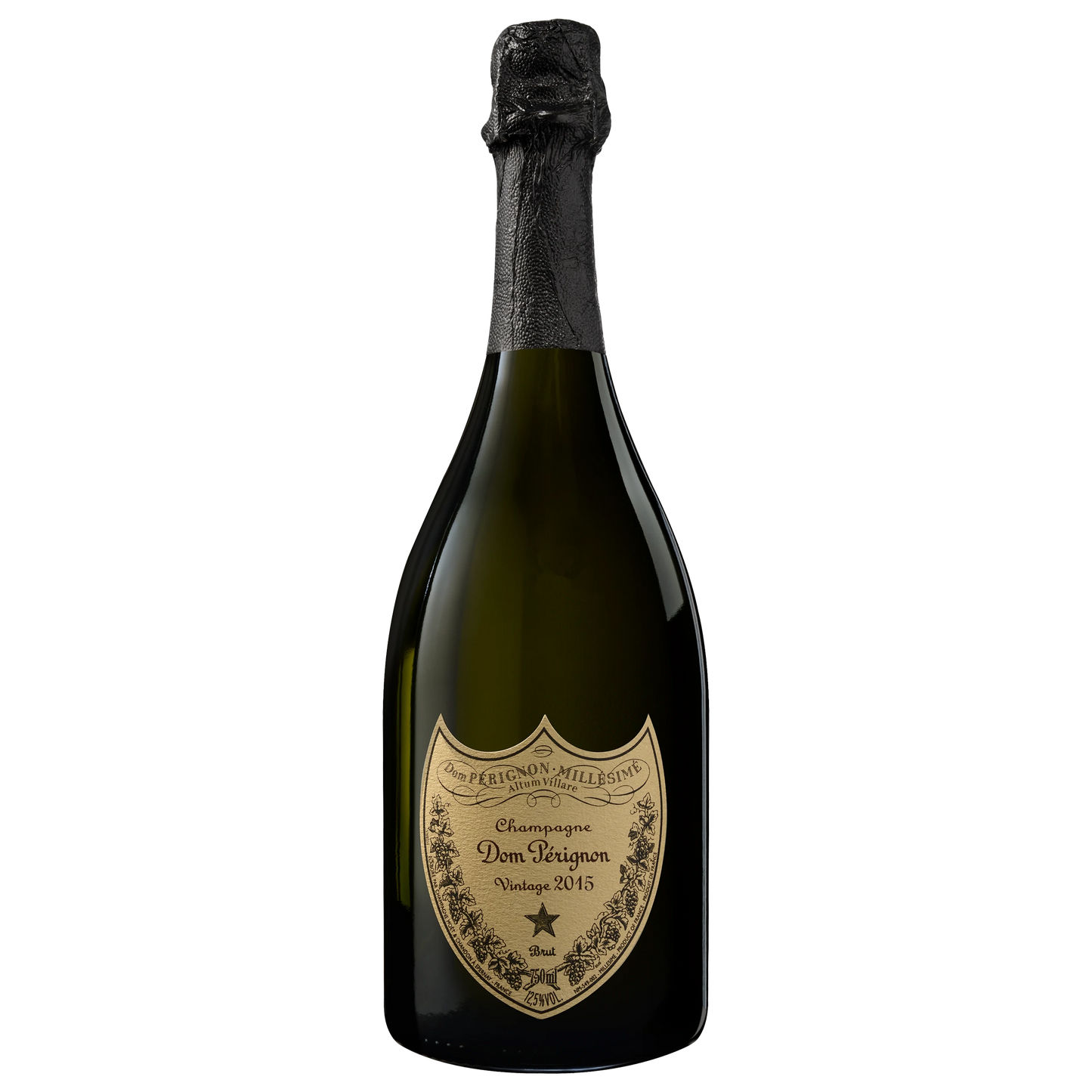 Bottle of Dom Pérignon Vintage 2015 75 cl Champagne with elegant black label against white background