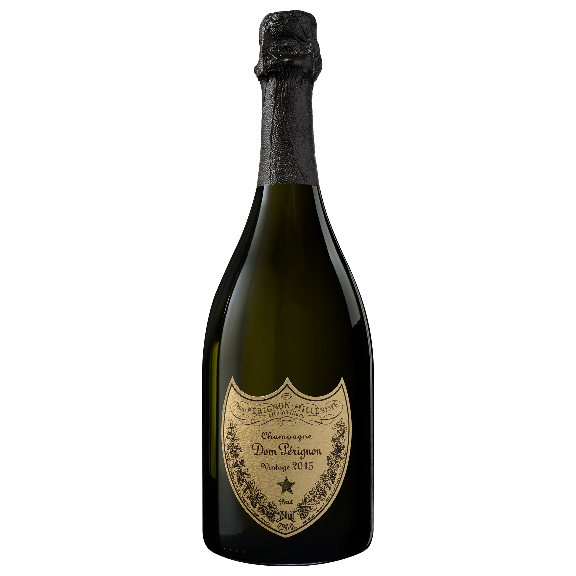 Bottle of Dom Pérignon Vintage 2015 75 cl Champagne with elegant black label against white background