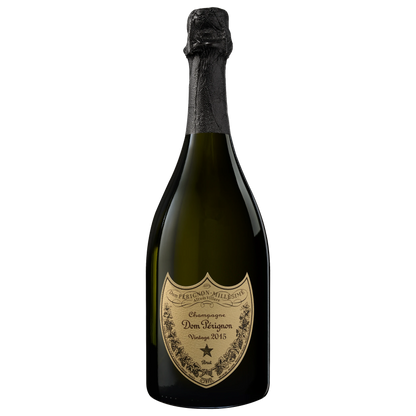 Bottle of Dom Pérignon Vintage 2015 75 cl Champagne with elegant black label against white background
