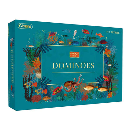The Art File dominoes set with teal and terracotta tiles featuring sea creature illustrations.