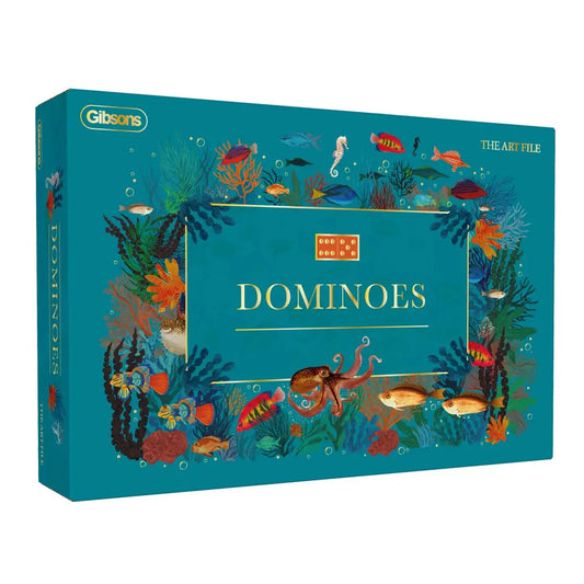 The Art File dominoes set with teal and terracotta tiles featuring sea creature illustrations.