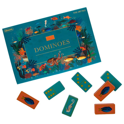 The Art File dominoes set with teal and terracotta tiles featuring sea creature illustrations.