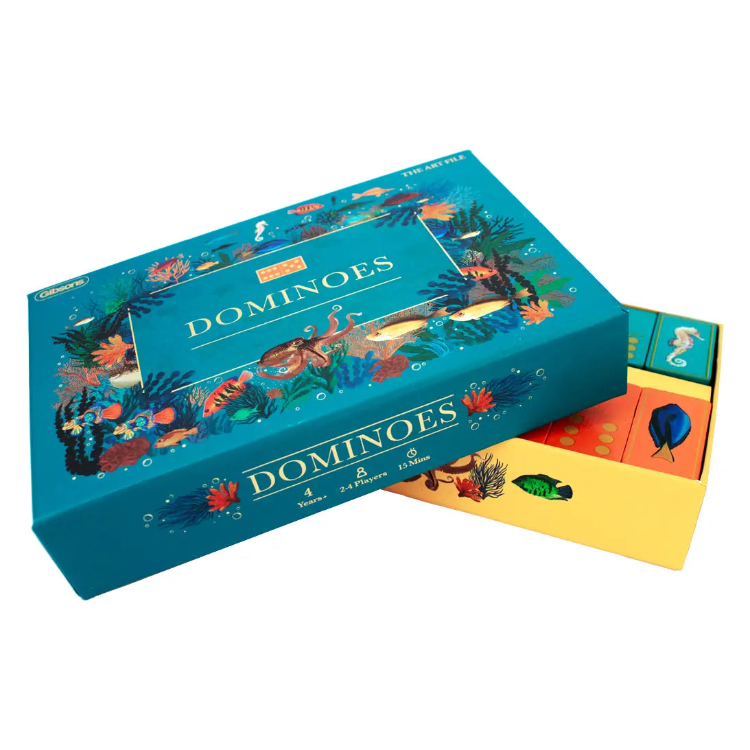 The Art File dominoes set with teal and terracotta tiles featuring sea creature illustrations.