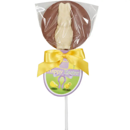 Easter lolly with a white chocolate rabbit decoration.